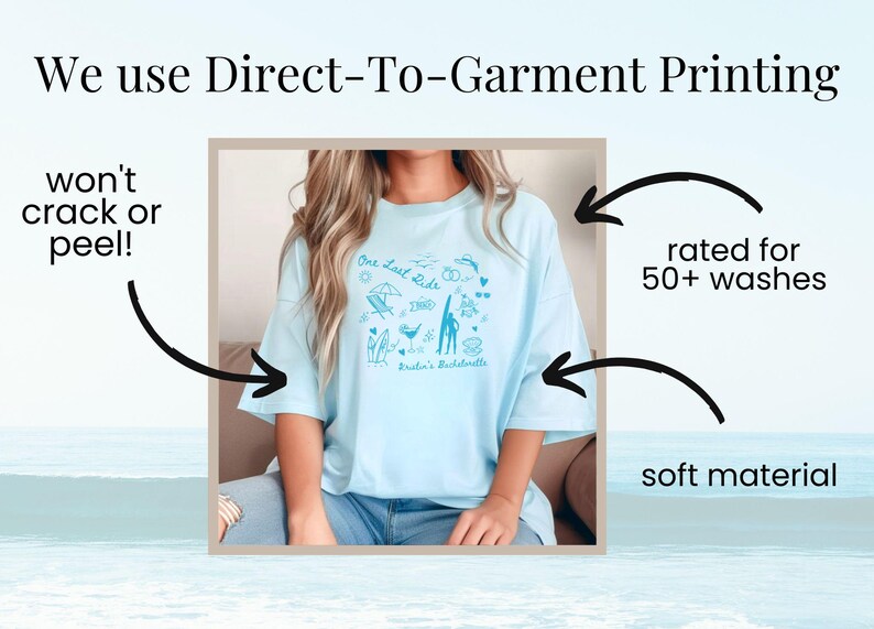 May include: A light blue t-shirt with a graphic design featuring the text "One Last Ride" and various illustrations. The shirt is made with a soft material and is rated for 50+ washes.