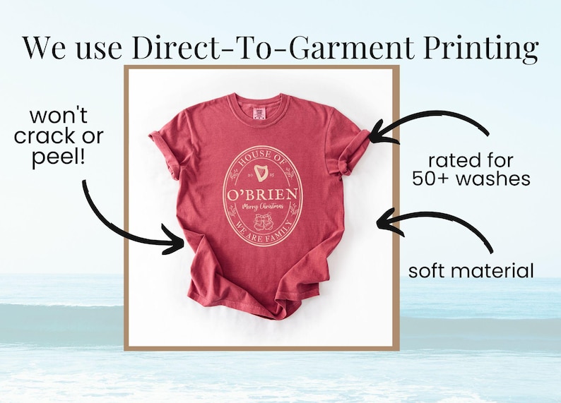 May include: A red t-shirt with the text "HOUSE OF O'BRIEN" in a circular design. The shirt is made of soft material and is rated for 50+ washes. The image also states that the shirt uses Direct-To-Garment printing.