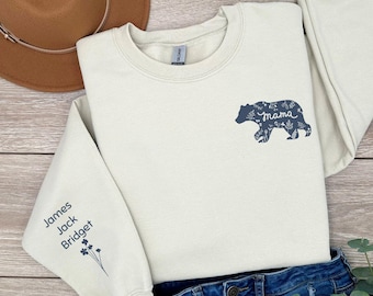 Custom Mama Bear Sweatshirt with kids names on sleeve, Personalized Mom Sweatshirt, Mothers Day Gift, New Mom Gift, Mom Shirt, Mom Life Tee