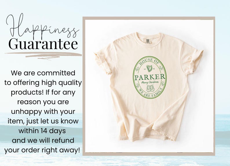 May include: Cream-colored t-shirt with a green oval design that reads "HOUSE OF PARKER Merry Christmas WE ARE FAMILY". The shirt has rolled-up sleeves and is displayed on a white background.