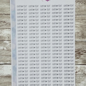 May include: A sheet of white sticker paper with 30 blank white rectangular stickers. Each sticker has the text "CUSTOM TEXT" printed in black.