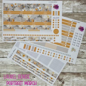 May include: A printable planner sticker set with a floral design in shades of white, beige, and gold. The set includes a monthly calendar, a weekly planner, a "month at a glance" page, and a "2025 goals" page. The text "March" is featured on the monthly calendar.