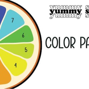 May include: A color wheel with 10 colors, numbered 1 through 10, in a circular pattern. The colors are red, orange, yellow, green, blue, purple, pink, and various shades of blue and green. The color wheel is in the shape of a citrus fruit slice.