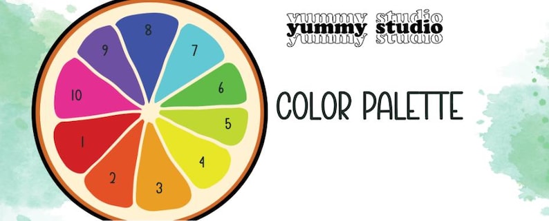 May include: A color wheel with 10 colors, numbered 1 through 10, in a circular pattern. The colors are red, orange, yellow, green, blue, purple, pink, and various shades of blue and green. The color wheel is in the shape of a citrus fruit slice.