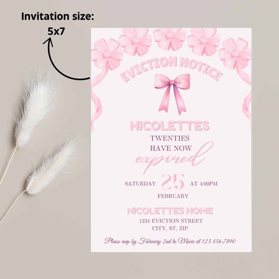 Pink Bow Eviction Notice Birthday Invitation: 30th Birthday, Editable ...
