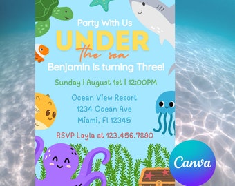 May include: A blue and yellow invitation card with the text "Party With Us Under the Sea" and "Benjamin is turning Three!"  The card features cartoon images of a turtle, a shark, a fish, a jellyfish, and an octopus. The text also includes the date, time, and location of the party.