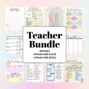 May include: A teacher bundle with 10 pages, including student information, attendance sheets, and weekly homework templates. The pages are in pastel colors with a playful design. The bundle includes 8 pages sized 8.5x11 inches and 2 pages sized 11x8.5 inches.