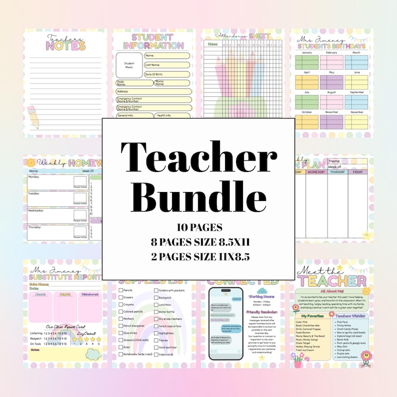 May include: A teacher bundle with 10 pages, including student information, attendance sheets, and weekly homework templates. The pages are in pastel colors with a playful design. The bundle includes 8 pages sized 8.5x11 inches and 2 pages sized 11x8.5 inches.