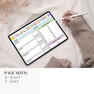 May include: A digital weekly homework planner with colorful text and sections for each day of the week, spelling words, and vocabulary. The planner includes the text "Weekly Homework" and "Page Sizes: 8 - 8.5x11, 2 - 11x8.5".