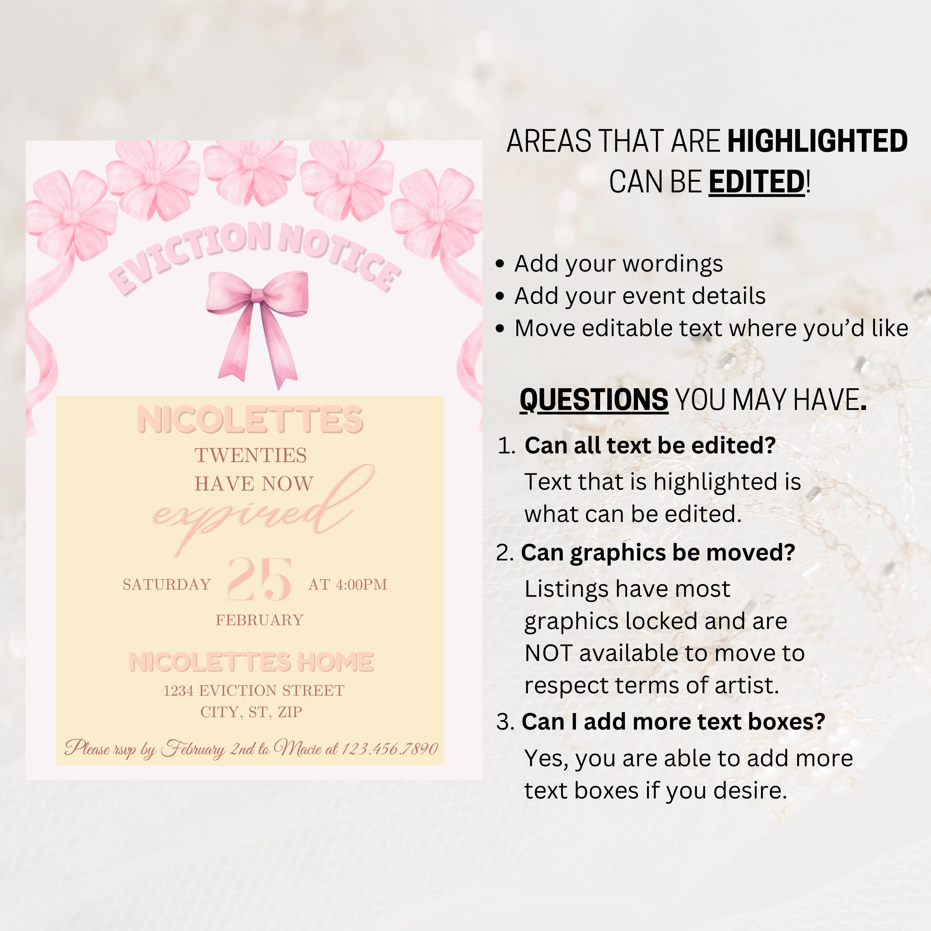 Pink Bow Eviction Notice Birthday Invitation: 30th Birthday, Editable ...