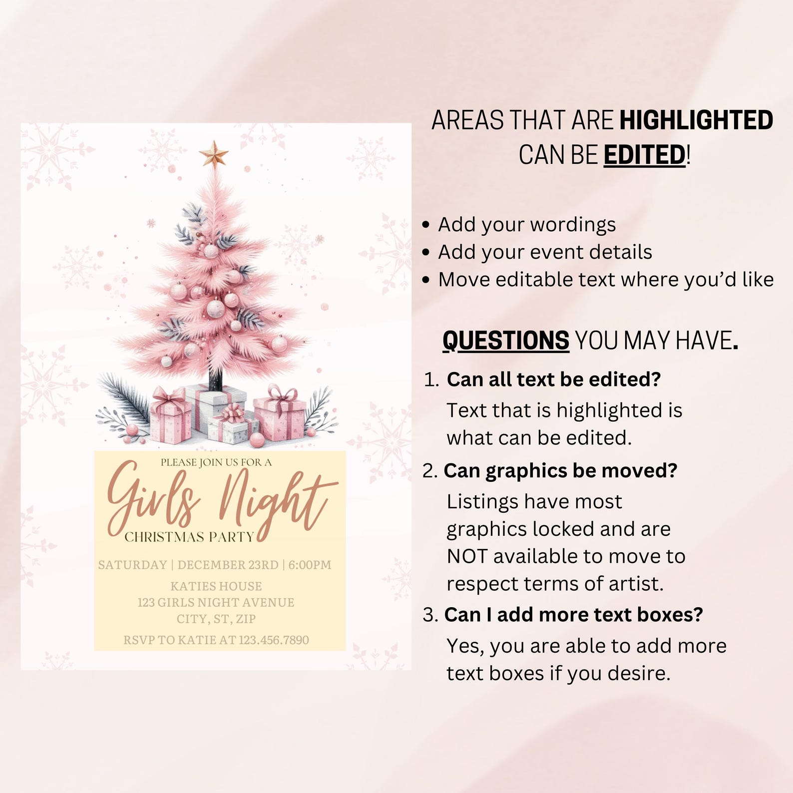 Pink Christmas Girls' Night Invitation Editable Holiday Party (digital