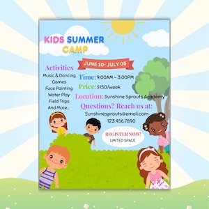 Bearbeitbare Kids Summer Camp Flyer Vorlage | Printable Camp Flyer für Kinder | Bunter Vorschul-Camp Flyer | Canva Template für Camp Flyer