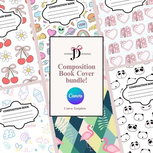 Könnte beinhalten: Ein Paket mit Einbanddesigns für Notizbücher. Die Einbände zeigen Muster mit Kirschen, Gänseblümchen, Herzen, Geschenken, Pandas und Flamingos. Der zentrale Einband zeigt den Text "Composition Book Cover bundle!" und "Canva Template."