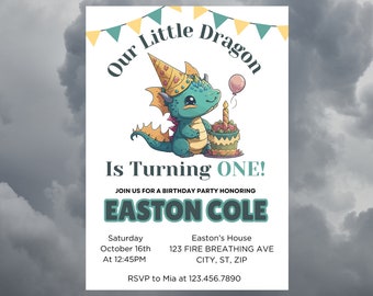 Invitación de cumpleaños de dragón: Primer cumpleaños infantil (Descarga digital)