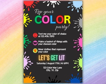 Color Wars Party Invitation: Rep Your Color (Digital Download)