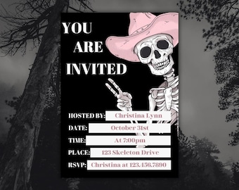 Cowgirl Skeleton Halloween Party Invitation Template (PDF)