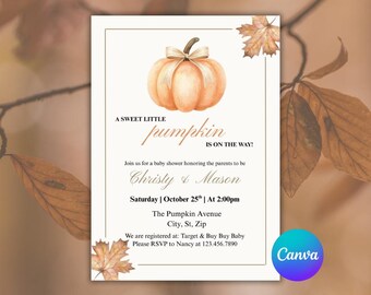 Fall Pumpkin Baby Shower Invitation: Rustic Autumn Leaves Template (Digital Download)