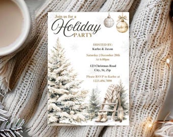 Op de afbeelding: Een uitnodiging voor een vakantiefeest met een winterthema. De uitnodiging toont een besneeuwde kerstboomillustratie en de tekst "Join us for a Holiday Party". Details zijn de namen van de gastheren, datum, tijd en adres.