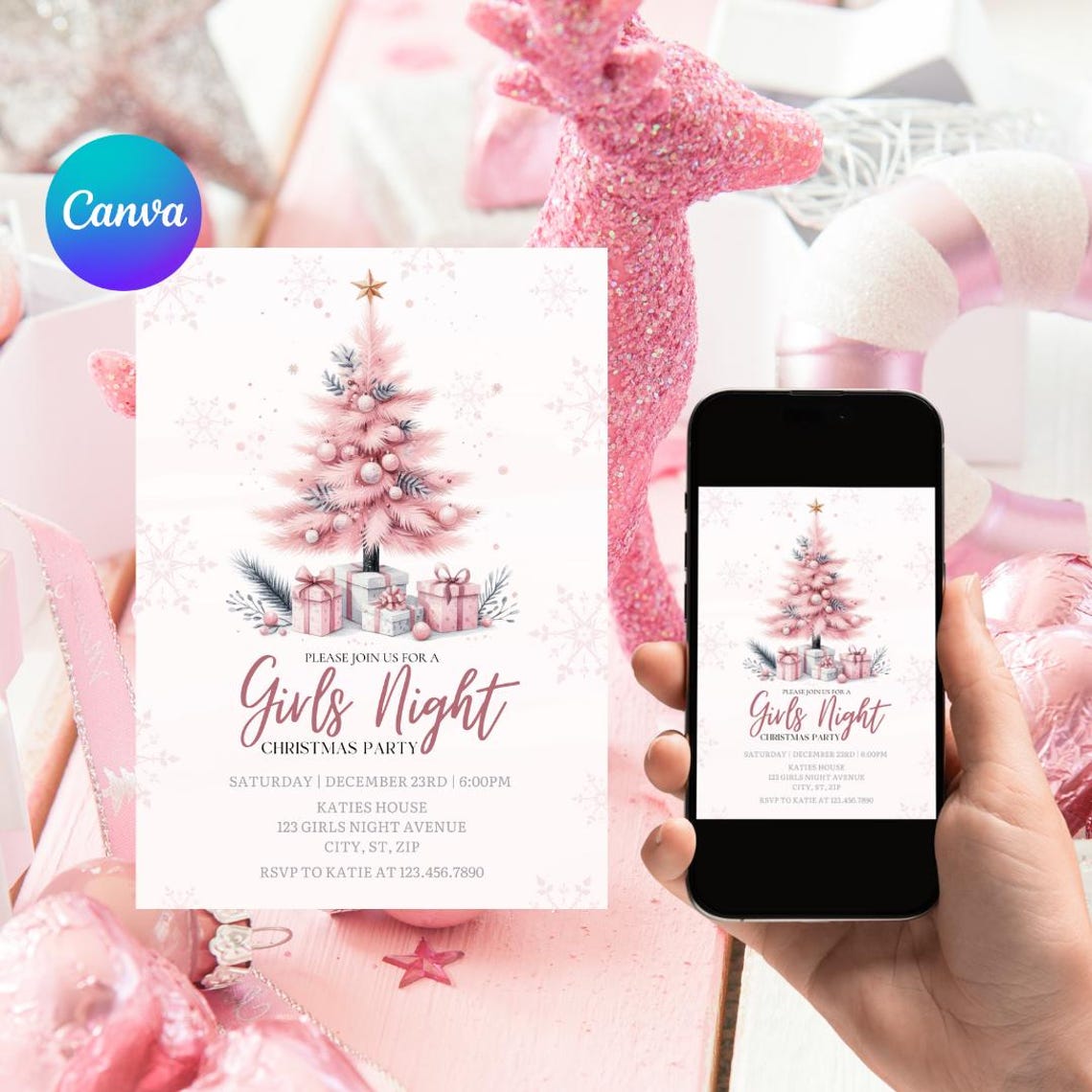 Pink Christmas Girls' Night Invitation Editable Holiday Party (digital