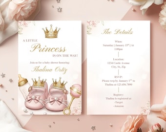 Little Princess Baby Shower Invitation Template, Editable Pink Crown Girl Shower Invite