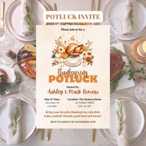 May include: A Thanksgiving potluck invitation with a watercolor illustration of a roasted turkey, pumpkins, and fall foliage. The invitation includes the date, time, location, and RSVP information. The text reads "Potluck Invite", "Please join us for a Thanksgiving Potluck", "Hosted By: Ashley & Mack Romero", "Date & Time: November 24, 6:30-9PM", "Location: The Romero Home, 123 Turkey Drive, City, ST, ZIP", "Bring your favorite Thanksgiving side dish. Enjoy cocktail, friends, good food and music! RSVP to Ashley by November 15th."