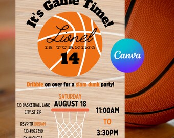 Op de afbeelding: Een basketbal-thema verjaardagsuitnodiging voor een 14e verjaardag. De uitnodiging heeft een basketbal met de naam "Lionel" en het nummer "14" erop. De tekst "It's Game Time!" is geschreven in een speels lettertype. De uitnodiging bevat ook de datum en tijd van het feest, evenals het adres en de RSVP-informatie.
