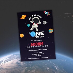 Space Birthday Invitation | First Trip Around the Sun | Houston We Have A One Year Old  | Astronaut Outer Space