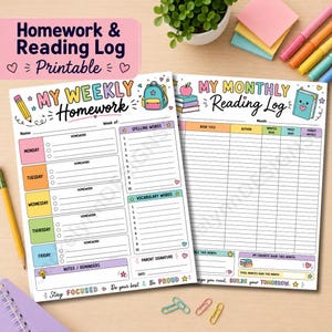 May include: A printable homework and reading log set featuring two sheets with colorful headers, pastel-colored day blocks, and sections for spelling and vocabulary words. The text includes My Weekly Homework, My Monthly Reading Log, and motivational phrases like Stay Focused, Do your best & Be Proud, and Reading builds your tomorrow.
