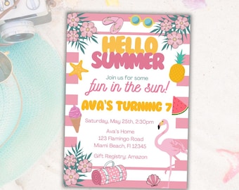 Invitación de cumpleaños editable de flamenco: Fiesta tropical de verano (descarga digital)