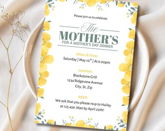 Yellow Floral Mother's Day Dinner Invitation: Editable Canva Template