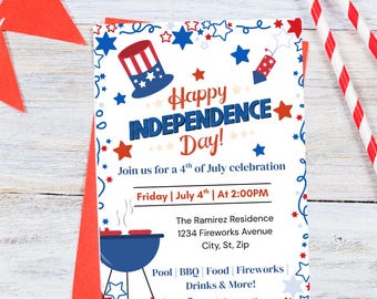 Editable 4th of July BBQ Invitation: Patriotic Party Template (Canva, Digital Download 5x7in )