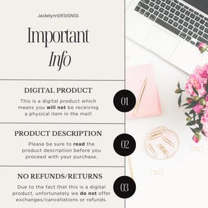 May include: A digital product information graphic with the text "Important Info." The graphic includes details about digital products, product descriptions, and the no refunds/returns policy. A laptop, pink notepad, and flowers are in the background.