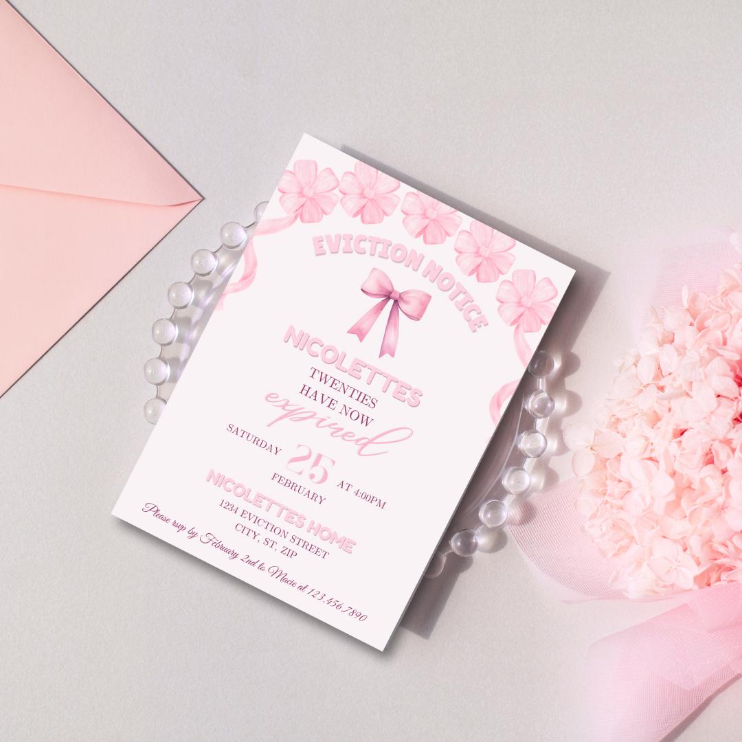 Pink Bow Eviction Notice Birthday Invitation: 30th Birthday, Editable ...