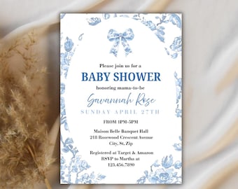 Blue Bow Baby Shower Invitation: Editable Canva Template (Digital Download)