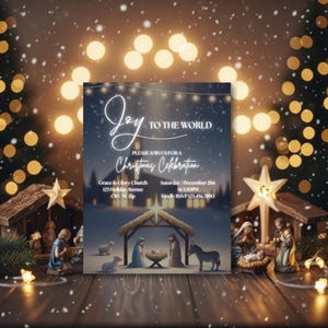 Pode incluir: Um cartão de convite para uma celebração de Natal com o texto "Joy to the World". O cartão apresenta uma ilustração da natividade e detalhes do evento. O fundo inclui luzes bokeh e elementos decorativos.