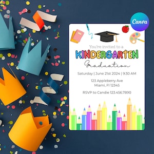 May include: A white invitation card with colorful illustrations of school supplies, a graduation cap, and a red apple. The text reads "You're invited to a KINDERGARTEN Graduation" with the date and time "Saturday | June 21st 2024 | 9:30 AM", address "123 Appleberry Ave Miami, FI 12345", and RSVP information "RSVP to Candie 123.456.7890".