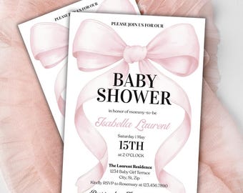 Invitación para baby shower con lazo rosa: Plantilla elegante y coqueta (digital)