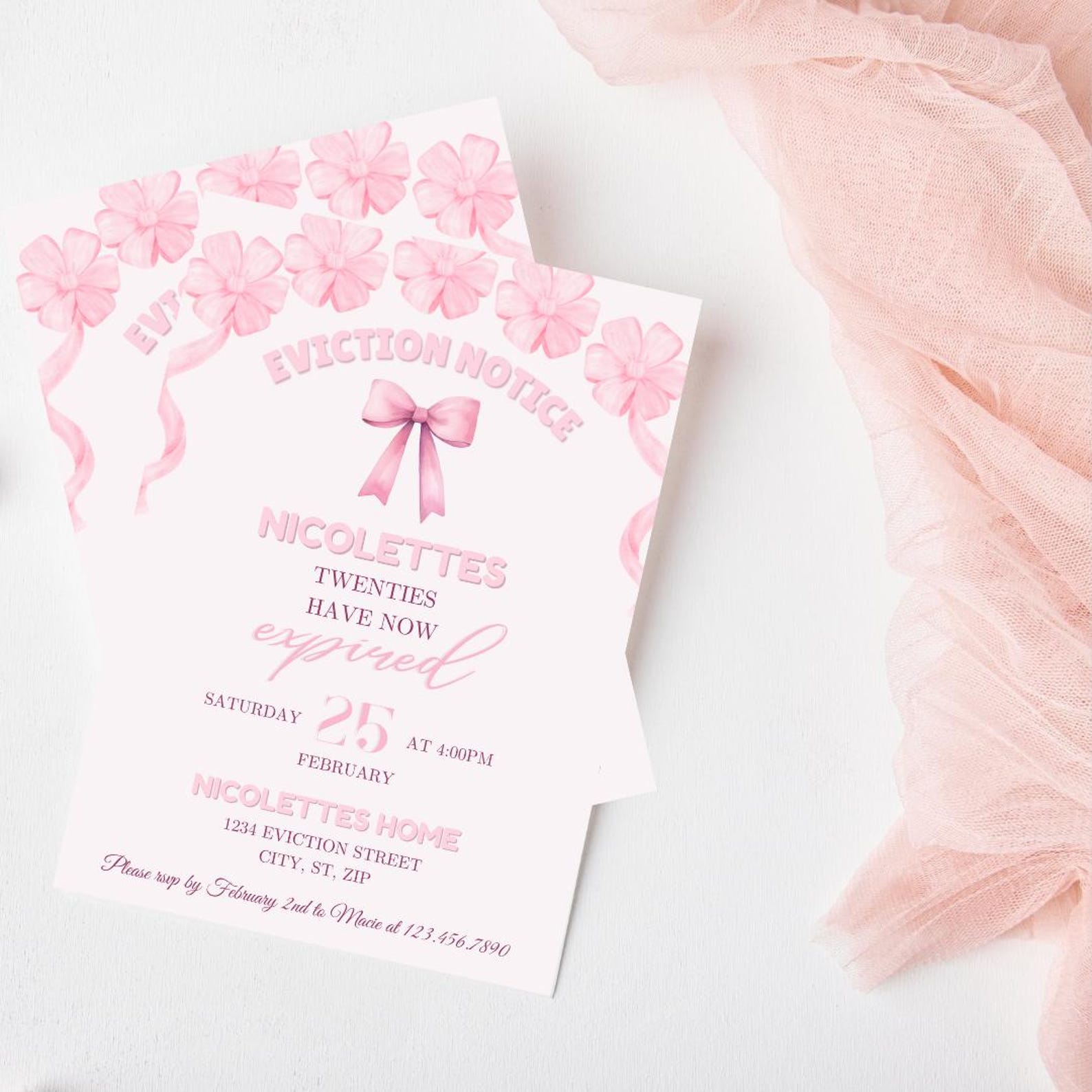 Pink Bow Eviction Notice Birthday Invitation: 30th Birthday, Editable ...