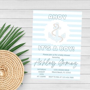Nautical Baby Shower Invitation | Ahoy It&#39;s a Boy Baby Shower Invite | Anchor Invite | Editable Template