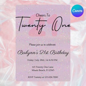 Pink 21st Birthday Party Invitation |  Twenty First Birthday | Cheers to Twenty One