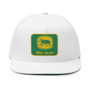 May include: White flat-brimmed baseball cap with a square patch featuring a yellow beetle design on a green background. The text "BIG JILM" is below the beetle in yellow.