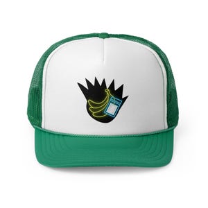 May include: A white and green trucker hat with a black and yellow graphic of a banana with a neon green outline and a white tag hanging from it.