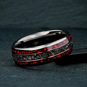 Meteorite & Red Opal Ring, 8mm Tungsten Mens Wedding Ring, Mens Wedding Band, Meteorite Wedding Ring, Opal Ring, Anniversary Gift for Him