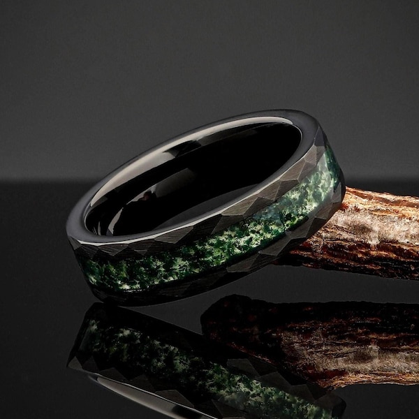 Hammered Black Tungsten Ring, Moss Agate, Mens Wedding Ring, Mens Wedding Band, Natural Eco-Friendly Moss Agate, Black Ring, Comfort Fit 6mm