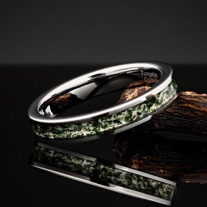 Silver Tungsten Ring, Green Moss Agate, Womens Wedding Ring, Womens Wedding Band, Engagement Ring, Promise Ring, Comfort Fit 4mm