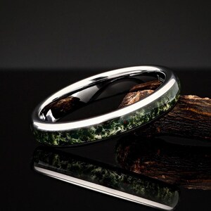 Silver Polish Tungsten Ring, Green Moss Agate, Womens Wedding Ring, Womens Wedding Band, Engagement Ring, Promise Ring, Comfort Fit 4mm