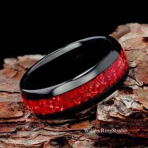 Men's Black Tungsten Ring with Ruby German Glass Inlay - 8mm Wedding Band, Gift for Him or Anniversary, Personalized Engraving Option