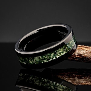 Black Mens Tungsten Wedding Ring, Green Moss Agate Mens Wedding Band, Gift For Him, Anniversary Ring, Engagement Ring, Comfort Fit 8mm