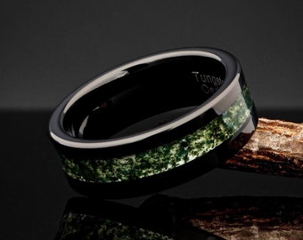 Black Mens Tungsten Wedding Ring, Green Moss Agate Mens Wedding Band, Gift For Him, Anniversary Ring, Engagement Ring, Comfort Fit 8mm