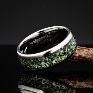 Silver Mens Tungsten Wedding Ring, Green Moss Agate Mens Wedding Band, Gift For Him, Anniversary Ring, Promise Ring For Him, Comfort Fit 8mm
